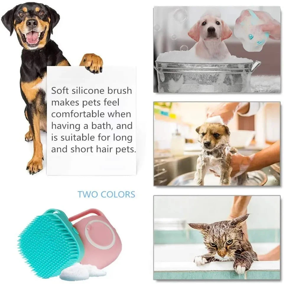 Dog Bathing Brush Pet Massage Brush Shampoo Dispenser Soft Silicone Brush Rubber Bristle for Dogs and Cats Shower Grooming Tool