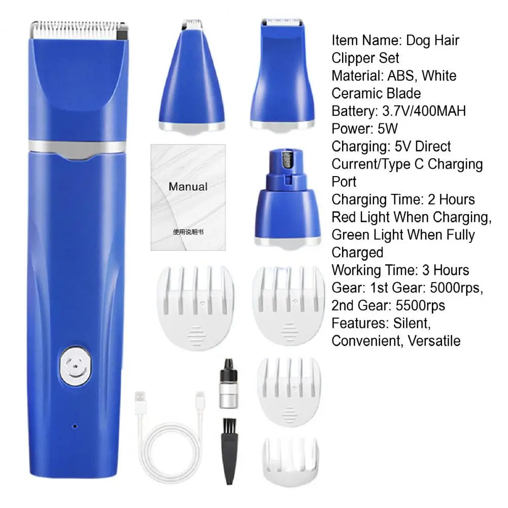Dog Hair Clippers Grooming Kit，with Nail Grinder，4 in 1，Electric Trimmer，for Dogs Cat，Low Noise，USB Rechargeable，Pet Paw Shaver