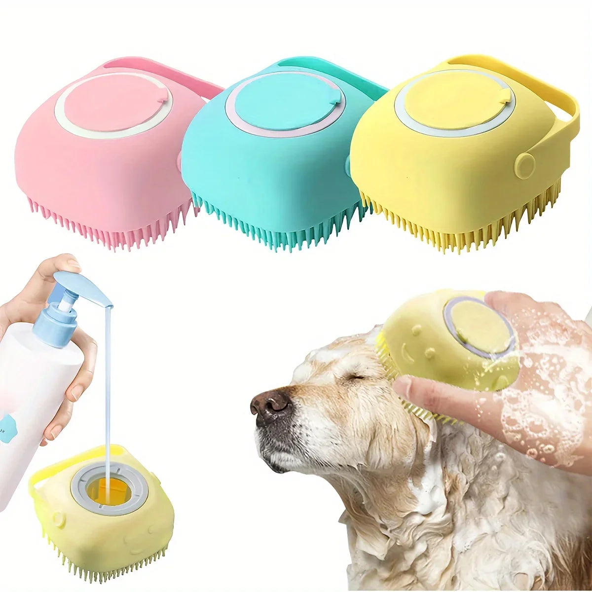 Dog Bathing Brush Pet Massage Brush Shampoo Dispenser Soft Silicone Brush Rubber Bristle for Dogs and Cats Shower Grooming Tool